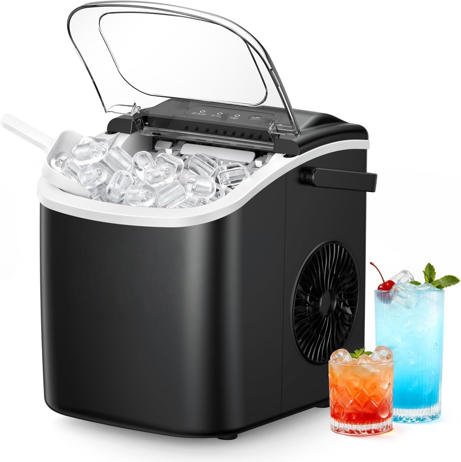 Portable Countertop Ice Maker with Ergonomic Handle, 6 Mins Fast Ice Making 9 Cubes, 26Lbs Daily Auto-Cleaning Ice Machine, Comes with Ice Basket and Scoop for Home Kitchen Camping RV, Black