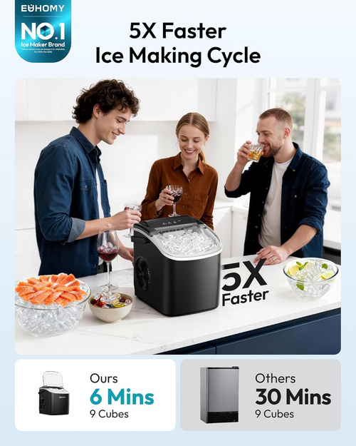 Portable Countertop Ice Maker with Ergonomic Handle, 6 Mins Fast Ice Making 9 Cubes, 26Lbs Daily Auto-Cleaning Ice Machine, Comes with Ice Basket and Scoop for Home Kitchen Camping RV, Black