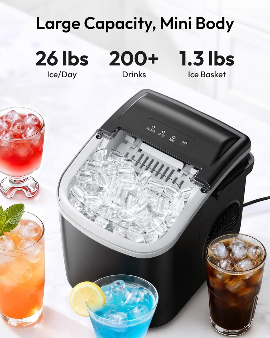 Portable Countertop Ice Maker with Ergonomic Handle, 6 Mins Fast Ice Making 9 Cubes, 26Lbs Daily Auto-Cleaning Ice Machine, Comes with Ice Basket and Scoop for Home Kitchen Camping RV, Black