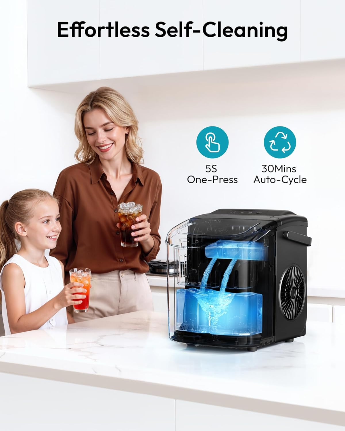Portable Countertop Ice Maker with Ergonomic Handle, 6 Mins Fast Ice Making 9 Cubes, 26Lbs Daily Auto-Cleaning Ice Machine, Comes with Ice Basket and Scoop for Home Kitchen Camping RV, Black