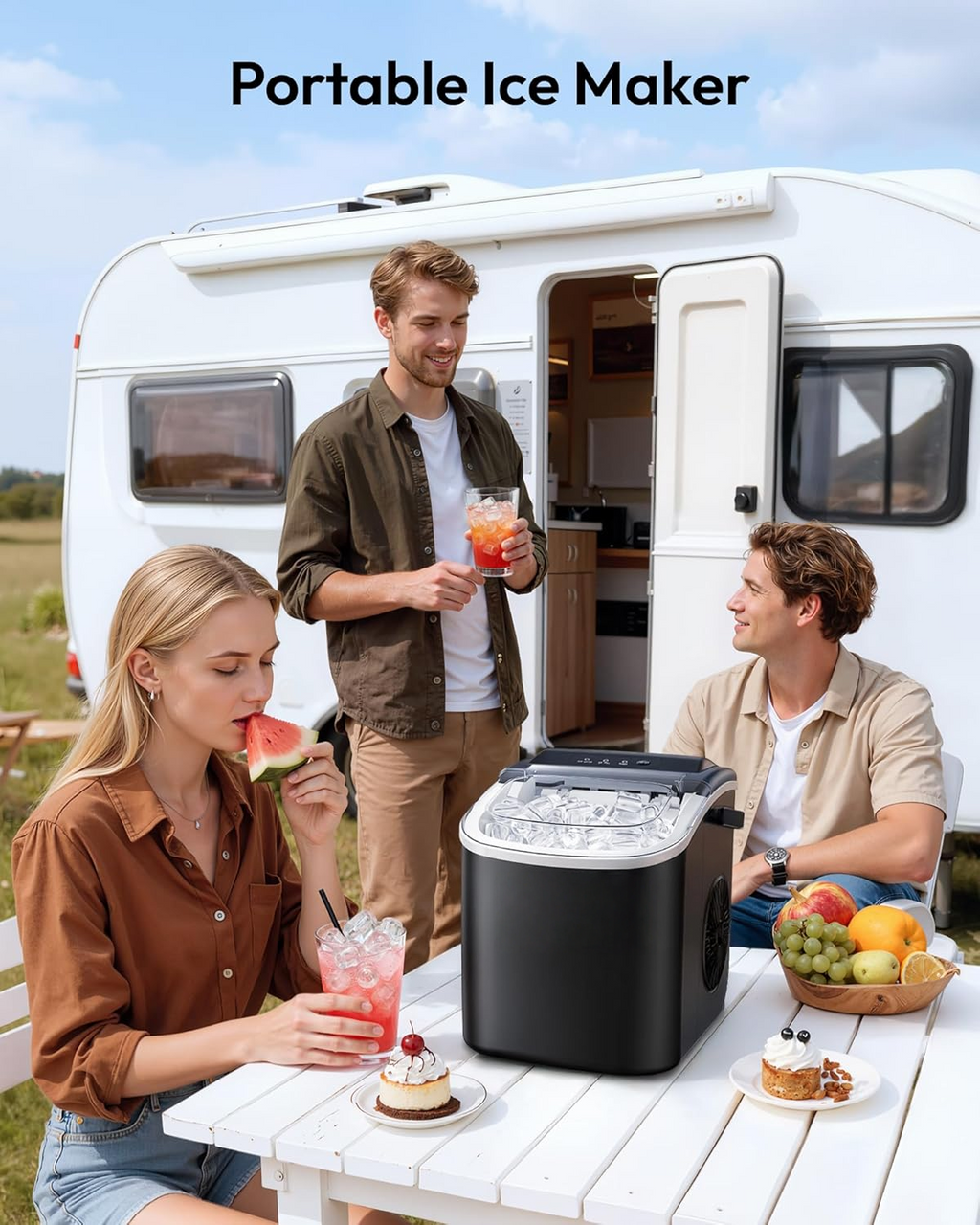 Portable Countertop Ice Maker with Ergonomic Handle, 6 Mins Fast Ice Making 9 Cubes, 26Lbs Daily Auto-Cleaning Ice Machine, Comes with Ice Basket and Scoop for Home Kitchen Camping RV, Black