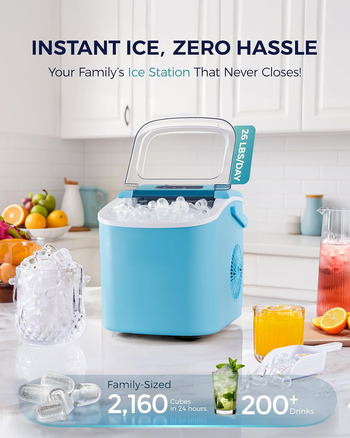 Fast 6 Mins Countertop Ice Maker, 26Lbs Daily Production, Portable Design with Handle, Auto-Cleaning Ice Machine with Basket & Scoop, Ideal for Home Kitchen Camping RV, Blue