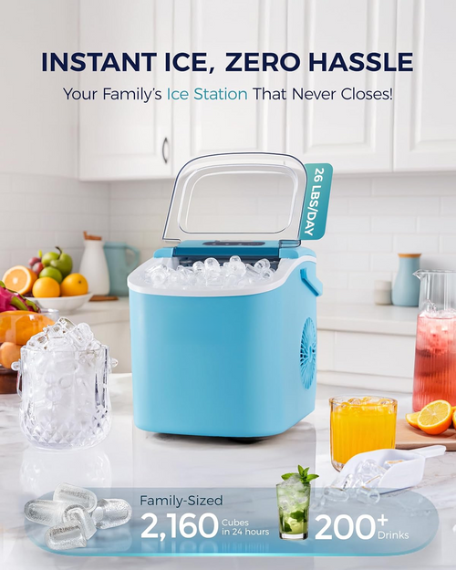 Fast 6 Mins Countertop Ice Maker, 26Lbs Daily Production, Portable Design with Handle, Auto-Cleaning Ice Machine with Basket & Scoop, Ideal for Home Kitchen Camping RV, Blue