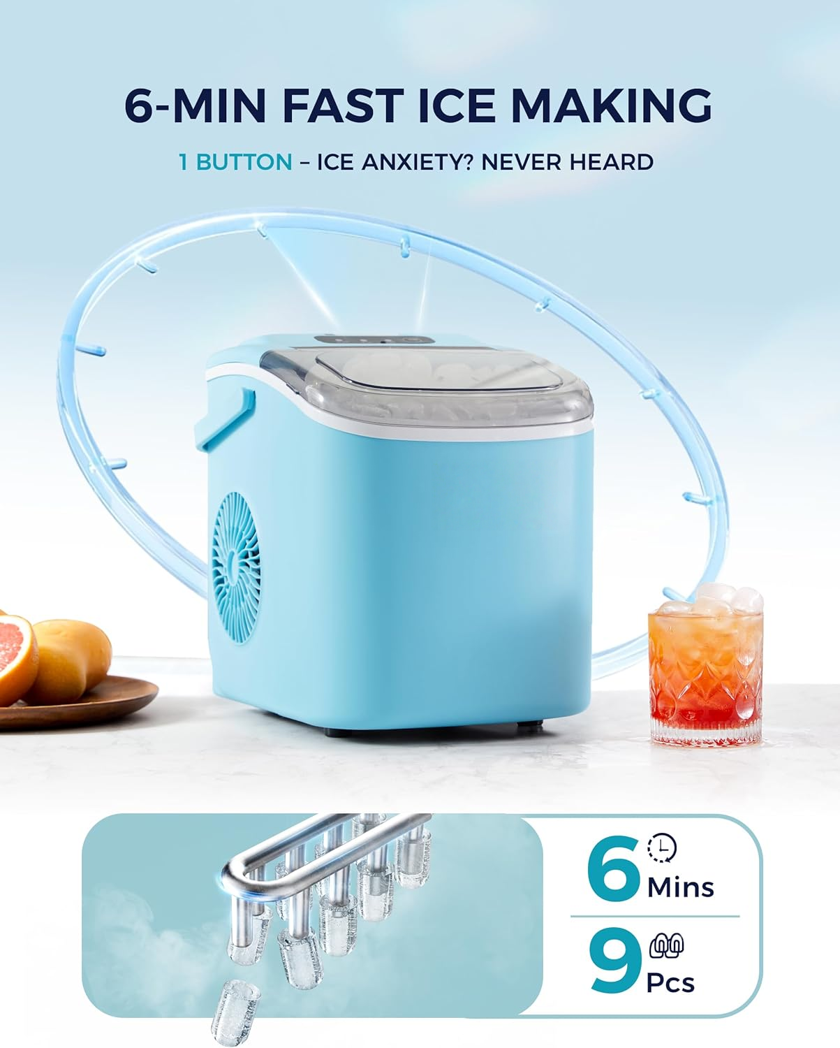 Fast 6 Mins Countertop Ice Maker, 26Lbs Daily Production, Portable Design with Handle, Auto-Cleaning Ice Machine with Basket & Scoop, Ideal for Home Kitchen Camping RV, Blue
