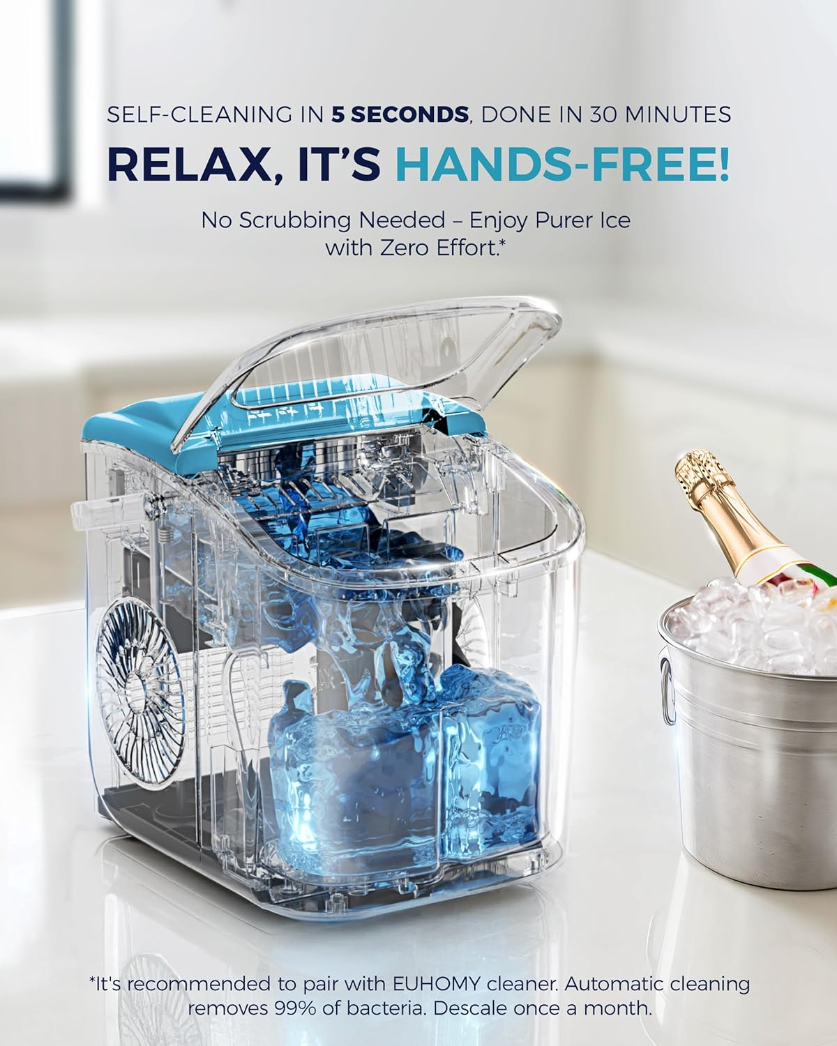 Fast 6 Mins Countertop Ice Maker, 26Lbs Daily Production, Portable Design with Handle, Auto-Cleaning Ice Machine with Basket & Scoop, Ideal for Home Kitchen Camping RV, Blue