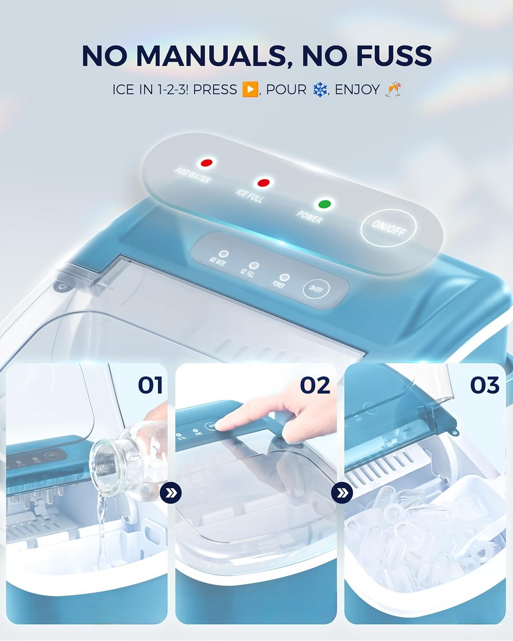Fast 6 Mins Countertop Ice Maker, 26Lbs Daily Production, Portable Design with Handle, Auto-Cleaning Ice Machine with Basket & Scoop, Ideal for Home Kitchen Camping RV, Blue