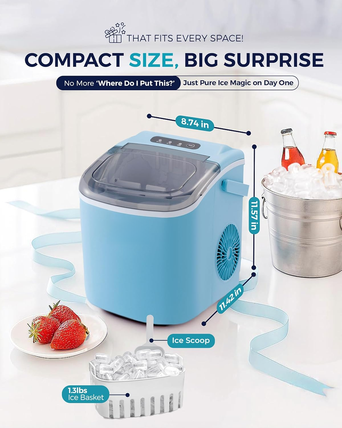 Fast 6 Mins Countertop Ice Maker, 26Lbs Daily Production, Portable Design with Handle, Auto-Cleaning Ice Machine with Basket & Scoop, Ideal for Home Kitchen Camping RV, Blue